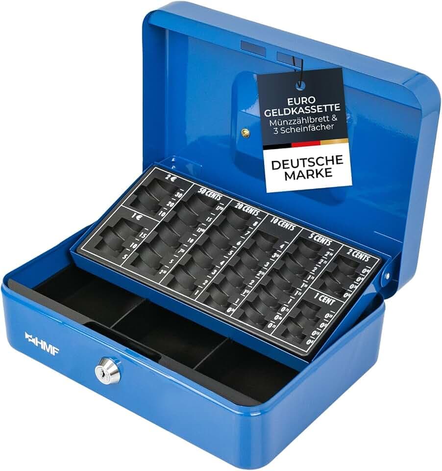 HMF Geldkassette abschließbar, Kasse mit Euro Münzzählbrett, 3 Banknotenfächer | 25 x 18 x 9 cm | Blau