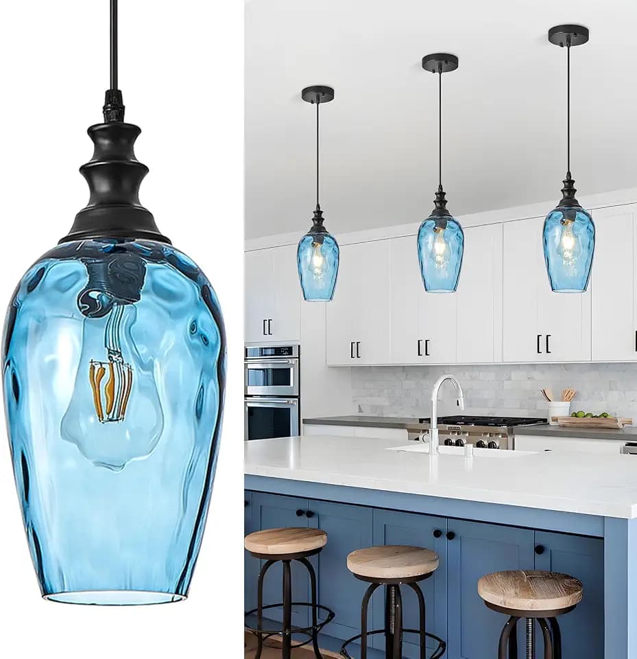 Pendant Lights Kitchen Island, Hanging Lighting Fixtures Dark Blue Water Ripple Glass Lamp Shade Black Pendant Light Fixtures for Kitchen Island Bedroom Living Dining Room Light Fixture