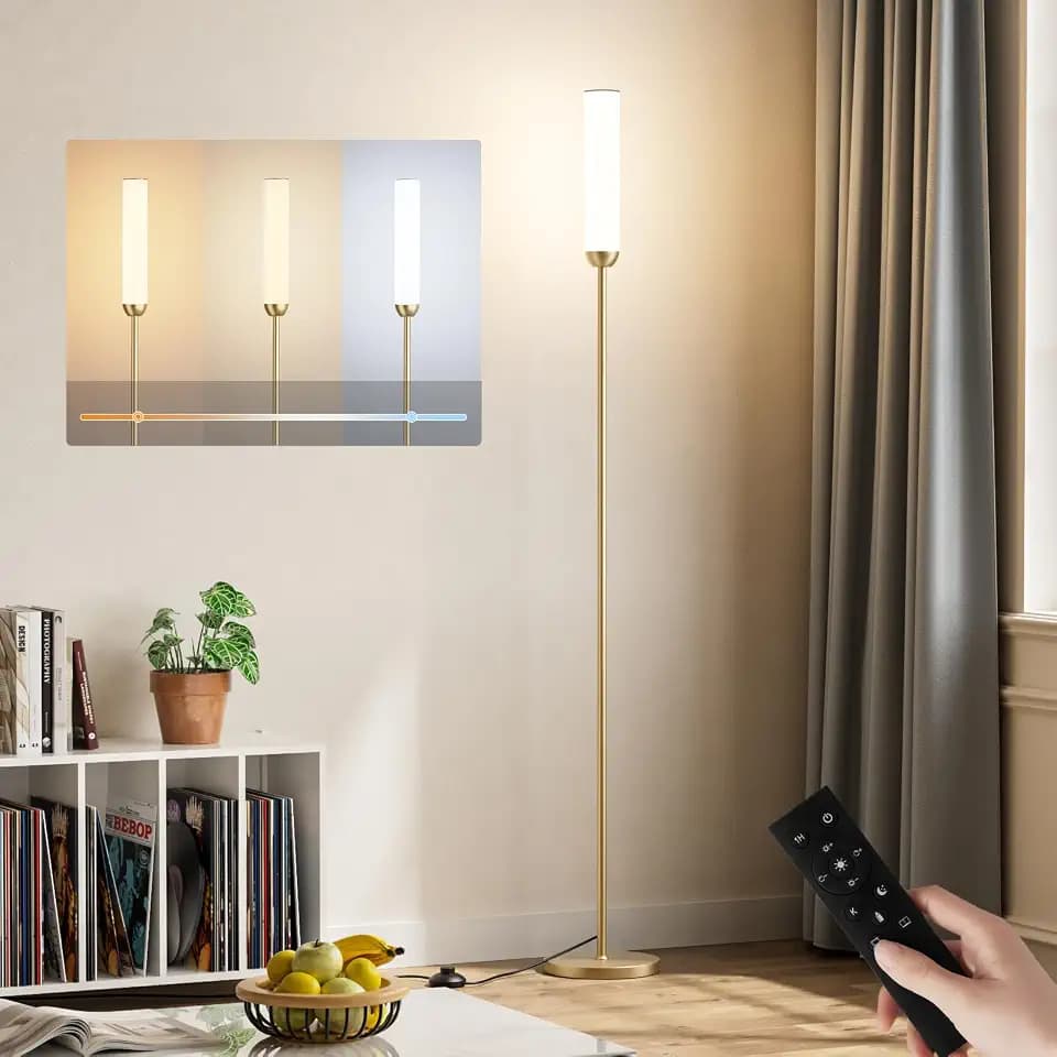 LED Stehlampe Wohnzimmer Dimmbar, Deckenfluter LED Dimmbar, Moderne Standleuchte Wohnzimmer mit Fernbedienung & 5 Farbtemperaturen Stufenlos, Gold