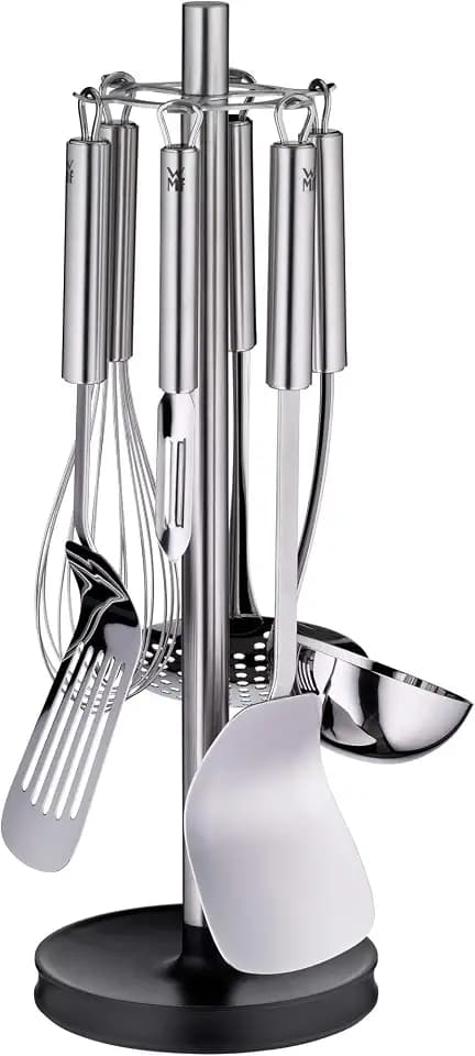 WMF Profi Plus Küchenhelfer Set Edelstahl 7-teilig, Küchenbesteck, Ständer mit 6 Helfern, Schöpflöffel, Schaumlöffel, Wokwender, Wender, Schneebesen, Gemüseschäler, Cromargan Edelstahl, spülmaschinengeeignet