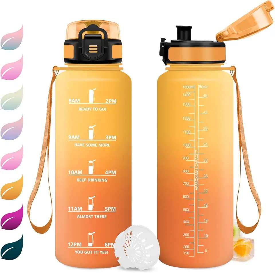 Sportflasche 1.5L, Kohlensäure Geeignet, Wasserflasche Auslaufsicher mit Zeitmarkierung, Trinkflasche mit Filter, Trinkflasche für Schule, Outdoor, Gym