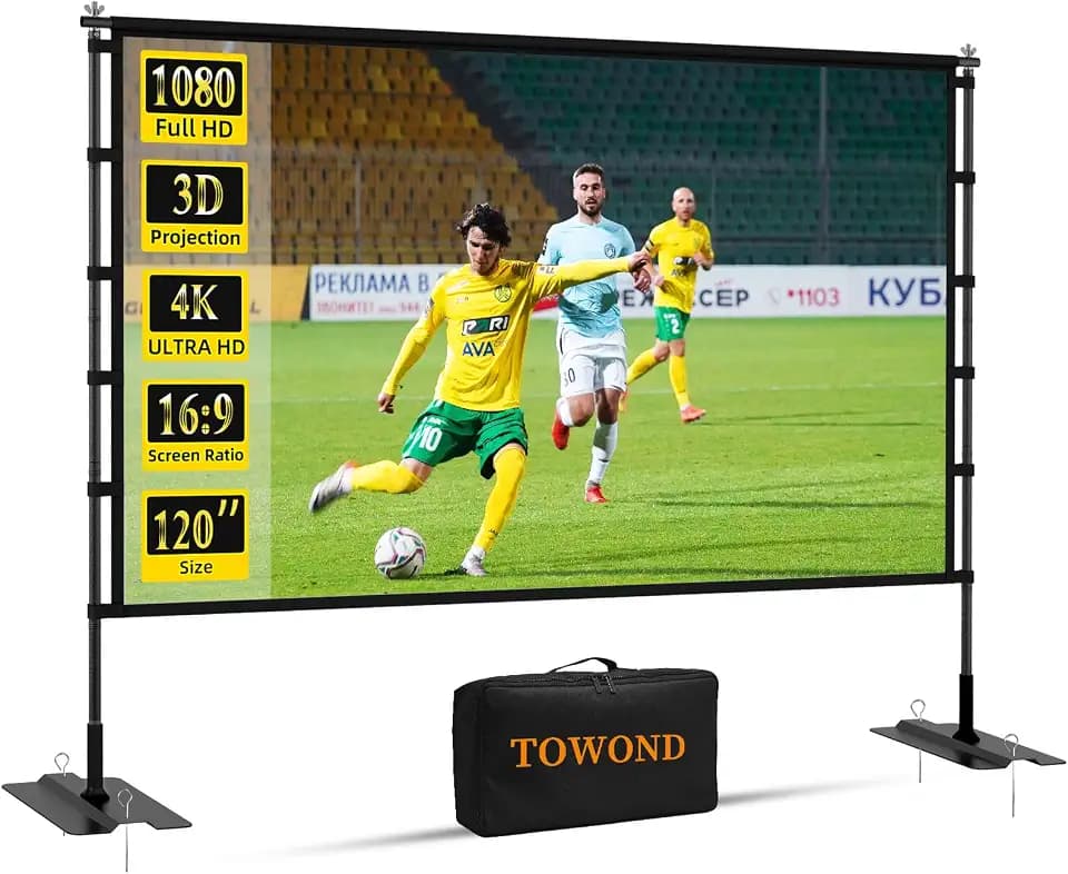 TOWOND 120 inch Projector Screen with Stand, Outdoor Movie Screen for Backyard and Camping, 4K HD 16:9 Anti-Crease Portable with Carry Bag for Sports Viewing Parties - Support Double Sided