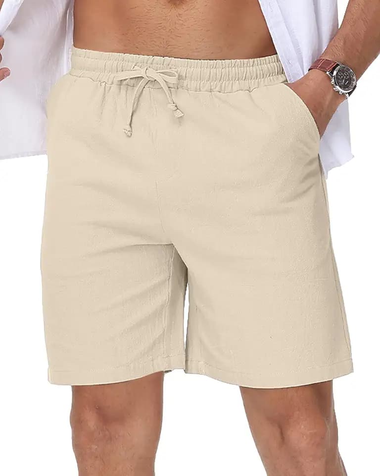 LVCBL Herren-Shorts aus Leinen, lockere Passform, lässig, mit Taschen, elastischer Bund, Größe M-3XL