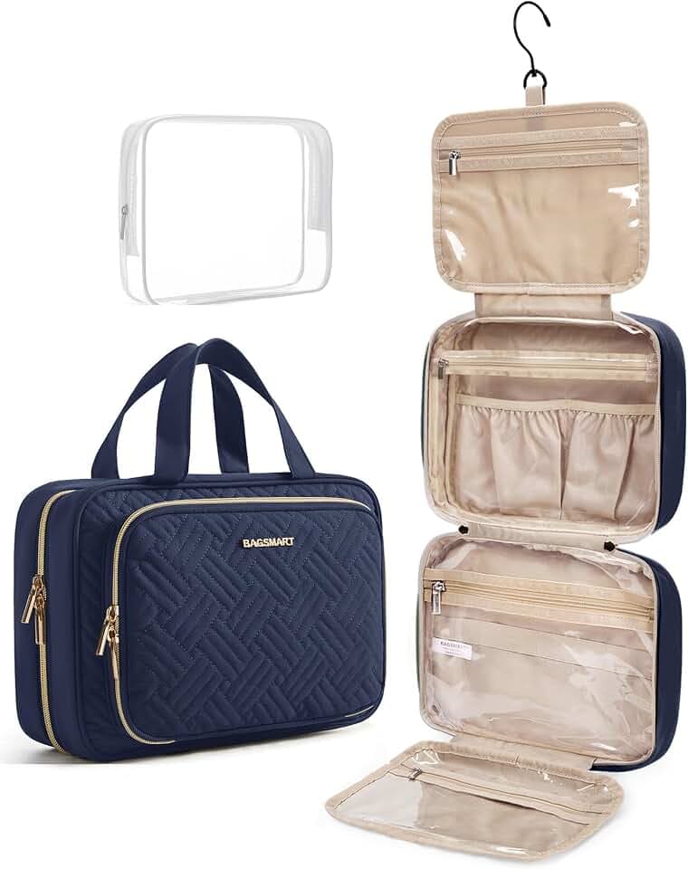 BAGSMART Toiletry Bag Hanging Travel Makeup Organizer with TSA Approved Transparent Cosmetic Bag Makeup Bag for Full Sized Toiletries, Medium-Navy