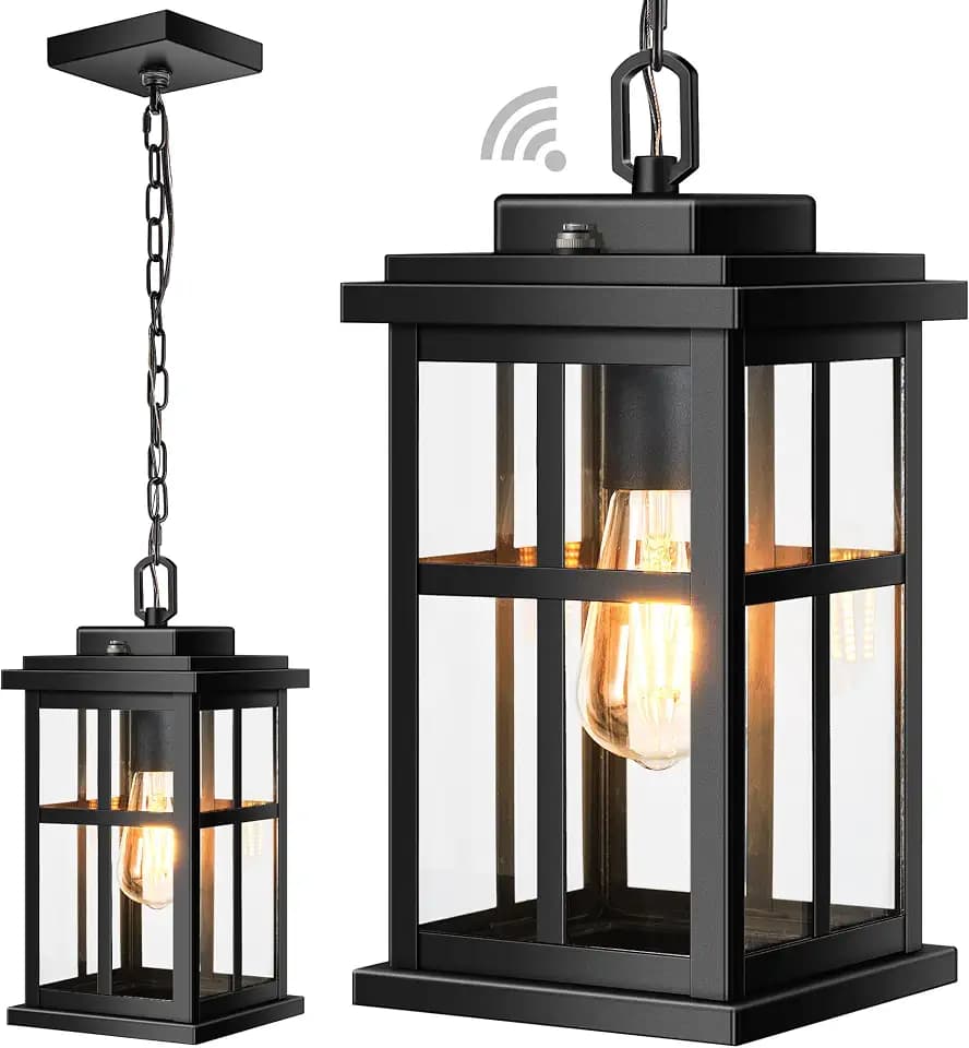 Dusk to Dawn Outdoor Hanging Lights, 14.5 inch Large Black Waterproof Hanging Light Fixture, 100% Aluminum Anti-Rust Outdoor Ceiling Light for Porch, Doorway, Garden, E26 Socket