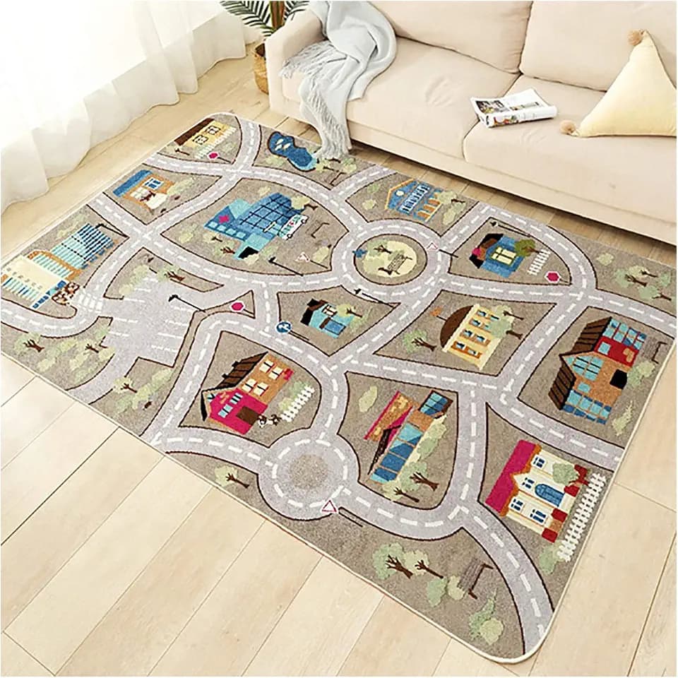 Kinderteppich Spielen Teppich Straße Auto Tier Universum Blau Grün Grau(80×160cm,31×63inch)
