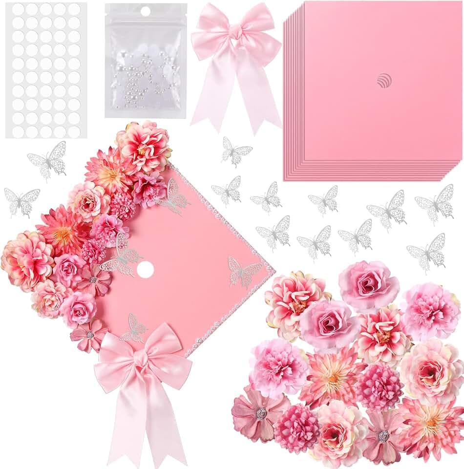 MotiMind 41 Pcs Pink DIY Graduation Cap Decoration Kit, Grad Cap Decorations Grad Hat Topper Faux Assorted Flowers Bows 3D Cream Construction Paper Butterfly Stickers Pearl Adhesive Dots