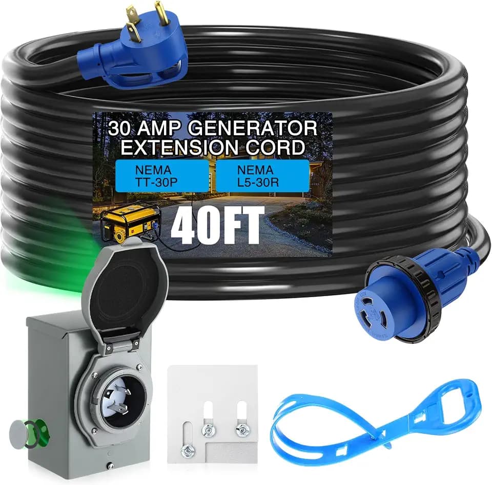 Xuhal 40 FT 30 Amp Generator RV Extension Cord and Pre-Drilled Power Inlet Box 3 Prong Compatible with NEMA TT-30P/L5-30R 125V/250V Cord with Generator Interlock Kit to House STW 10 Awg, Etl Listed