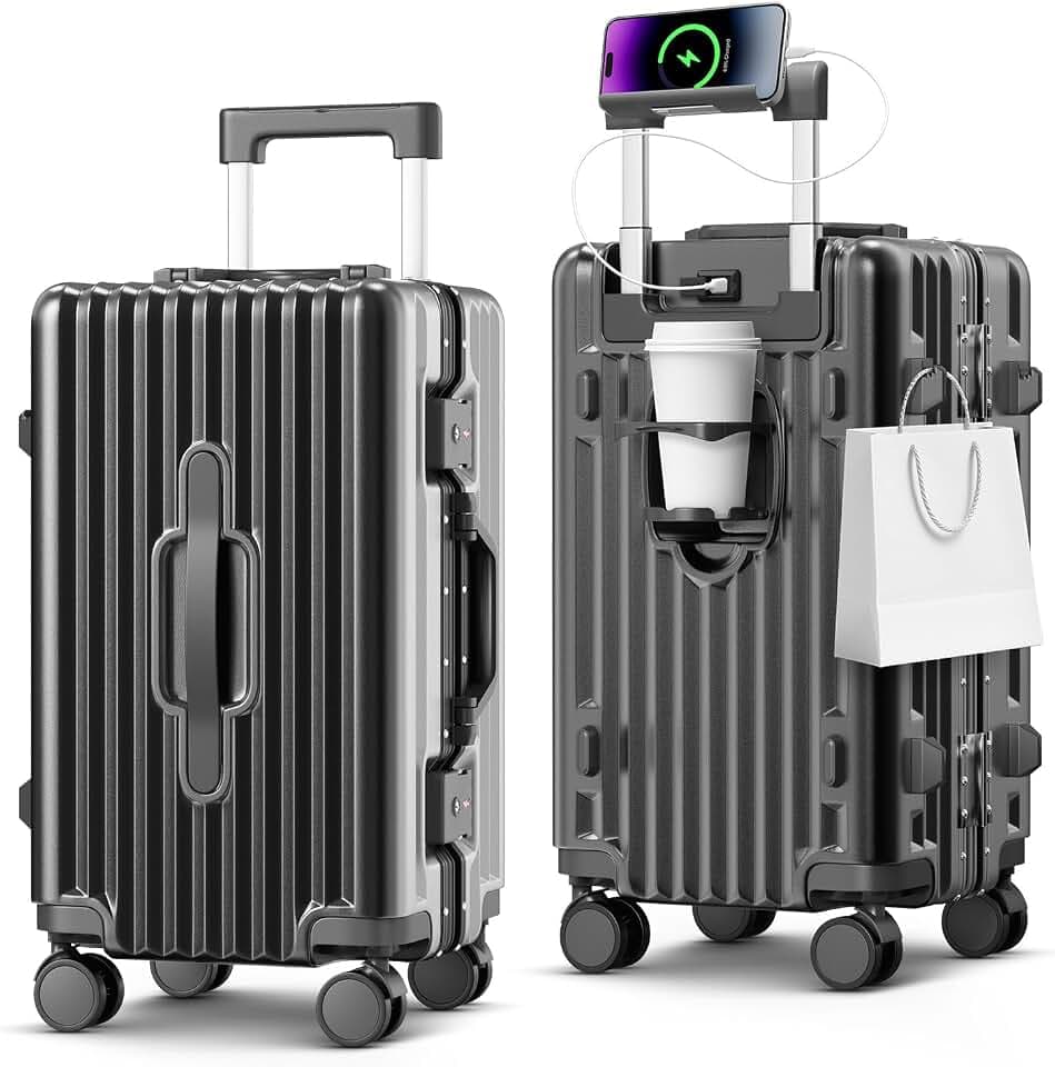 Carry on Luggage, 20 Inch Aluminum Frame PC Hardshell Suitcase with Cup Holder & Charger Port, Airline Approved Weekend Business Travel Case with Spinner Wheels, Tsa Lock