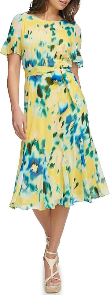 DKNY Women's Flutter Sleeve Round Neck Waist Tie Midi Dress