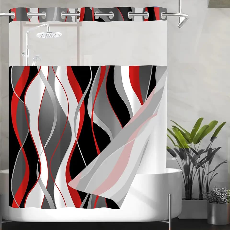 Nkzply No Hook Shower Curtain with Liner Red Striped Shower Curtain and Liner Set Fabric Shower Liner See Through Top Window Washable, 71 x 74 Inch