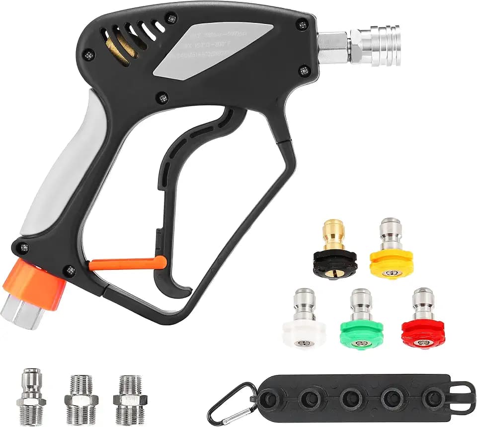 PWACCS Hochdruckreiniger-Pistole mit Drehgelenk, kurze Pistole mit 3/8-Zoll-Schnellkupplung, M22 14 mm/15 mm Fassung, 5 Hochdruckreiniger-Düsenspitzen mit Halter, 5000 PSI, Schwarz