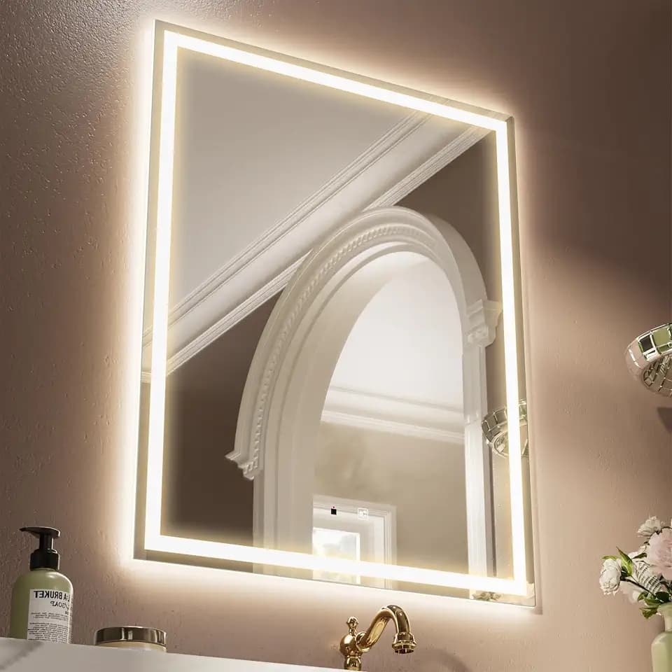 GANPE LED Sensor Spiegel, Hand Wave Induktion Vanity Spiegel mit Blutooth, beleuchtet dimmbar Anti-Beschlag IP44 Wasserdicht + Vertikaler & Horizontaler Badezimmer Wandmontagespiegel (90 x 70 cm)