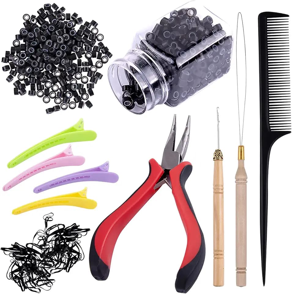 Duufin Haarverlängerung Microrings Extensions Set mit 500 Stück Microringe 1 Stück Microring Zange 2 Stück Microring Nadel 4 Stück Haarspange 1 Stück Kamm und Mini Haargummis für Haarverlängerung