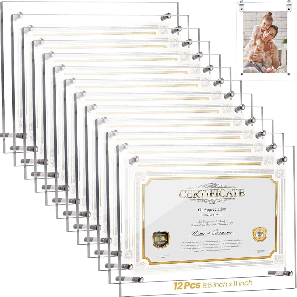 8 Pcs Acrylic Picture Frame 8.5 x 11'' Floating Certificate Frame, Silver