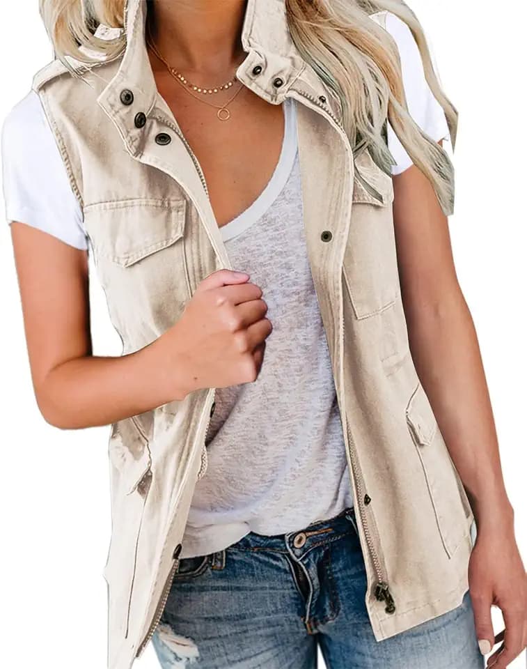 Imily Bela Damen Cargo Weste Ärmellos Übergangs Parka Jacke Kurz Mit Taschen und KordelzugFrühling Sommer Weste Oberbekleidung