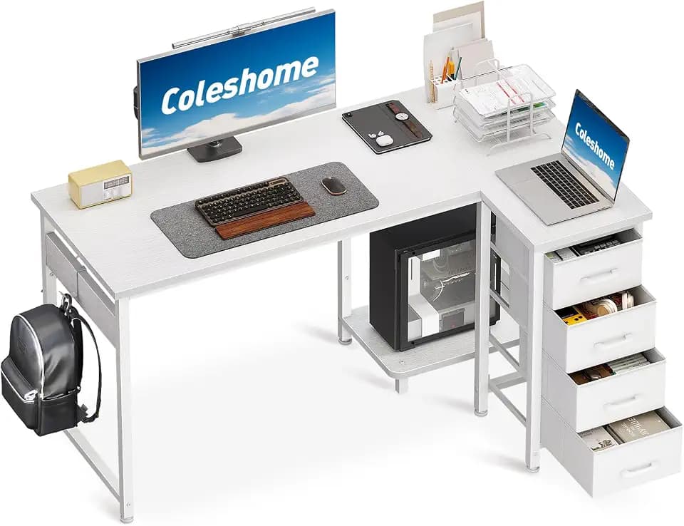 Coleshome Kleiner Eckschreibtisch mit 4 Stoff Schubladen, 120×70 cm, Weiß