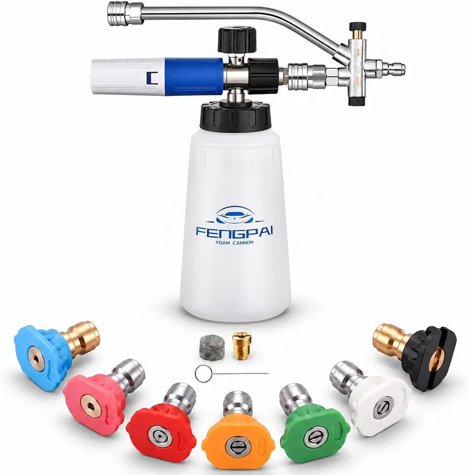FENG PAI Foam Cannon for Pressure Washer with Dual Connector Accessory & 7 Sprayer Nozzles, Dual Lance Soap Cannon, Double Tip Soap Attachment for Foam Blaster, 1/4" Quick Connect, 3600 PSI (White)