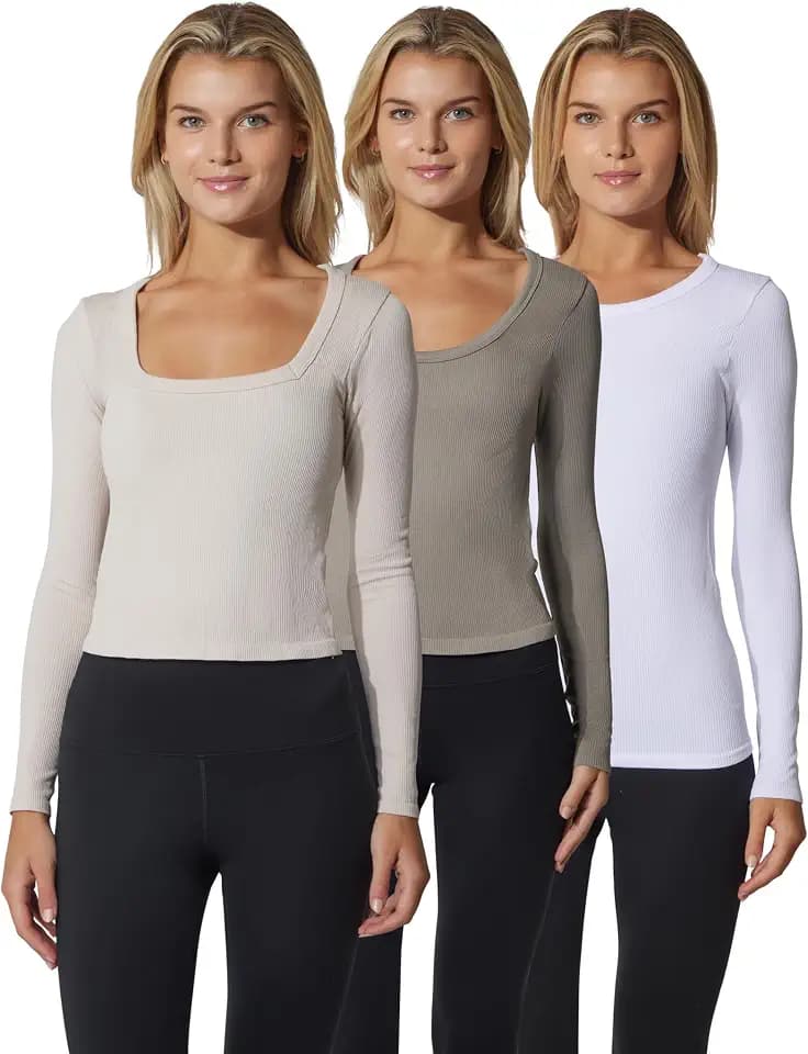 90 Degree By Reflex Womens 3 Pack Ribbed Seamless Crew Neck, Scoop Neck and Sqaure Neck Long Sleeve Top