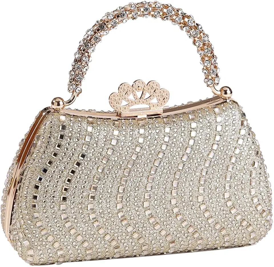 Dreubea Womens Shiny Tote Evening Bag Fashion Rhinestone Decrated Handbag Golden