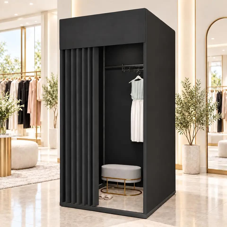 Umkleidekabine Freistehend,Quadratische Umkleideraum,Mobile Anproberaum mit Vorhang und Haken, für Bekleidungsgeschäfte, Boutiquen,Büro und Einkaufszentrum (Schwarz, 100x100x200cm)