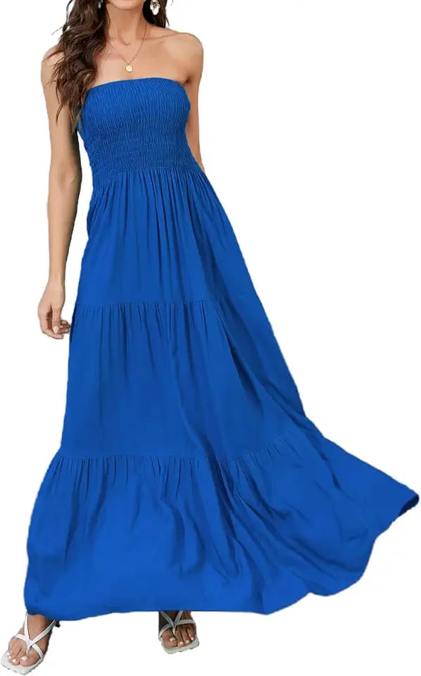 Women Strapless A Line Maxi Dress Tube Top Backless Casual Dress