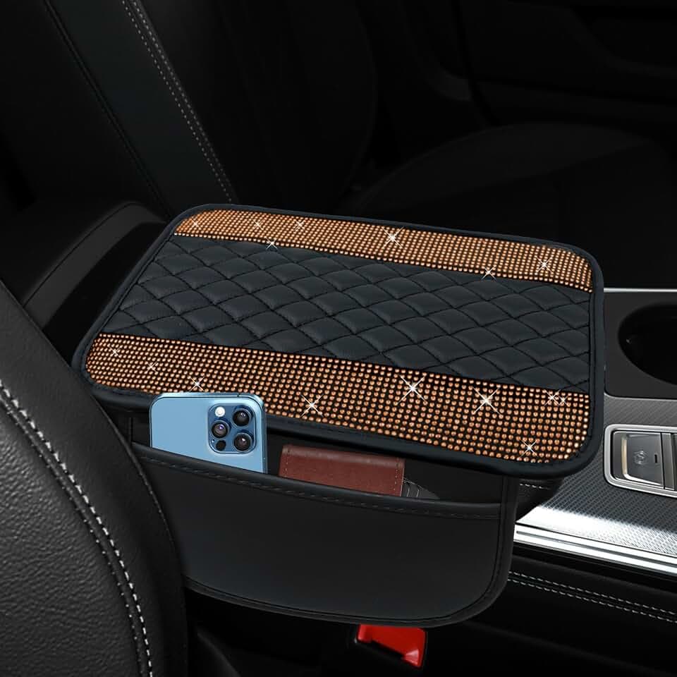 Bling Leather Car Center Console Cover, 12.2"×7.48" Crystal Rhinestone Automotive Arm Rest Cover with Side Pockets, Universal Vehicle Armrest Protector, Interior Car Accessories (Champagne)