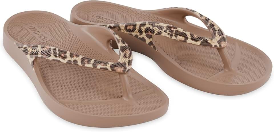 LightFeet Women Arch Support Flip Flops for Plantar Fasciitis Leopard Print