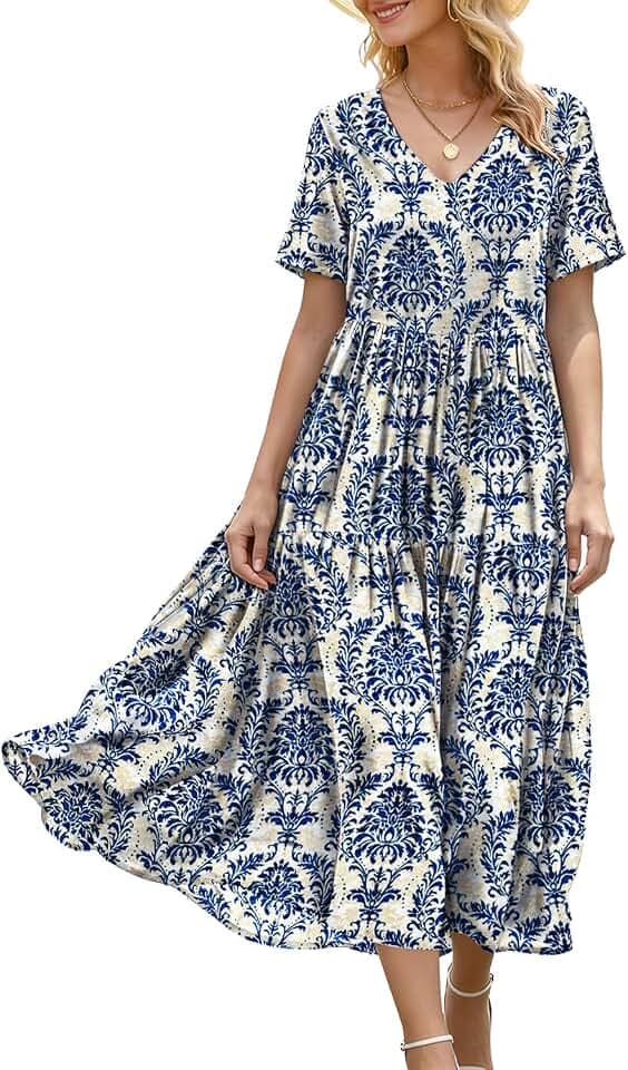 YESNO Women's Summer Maxi Dresses Casual Floral Short Sleeve V Neck Boho Beach Vacation Swing Dress with Pockets EVF