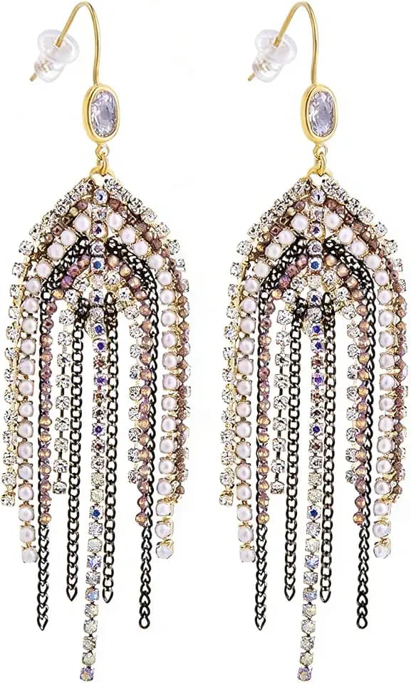 Fringe Dangling Tassel Earrings for Women, Handcrafted Chandelier Long Bohemian Beaded Cubic Zirconia Crystal Imitation Pearls Inlay Statement Boho Chain Hook Earrings for Wedding Party