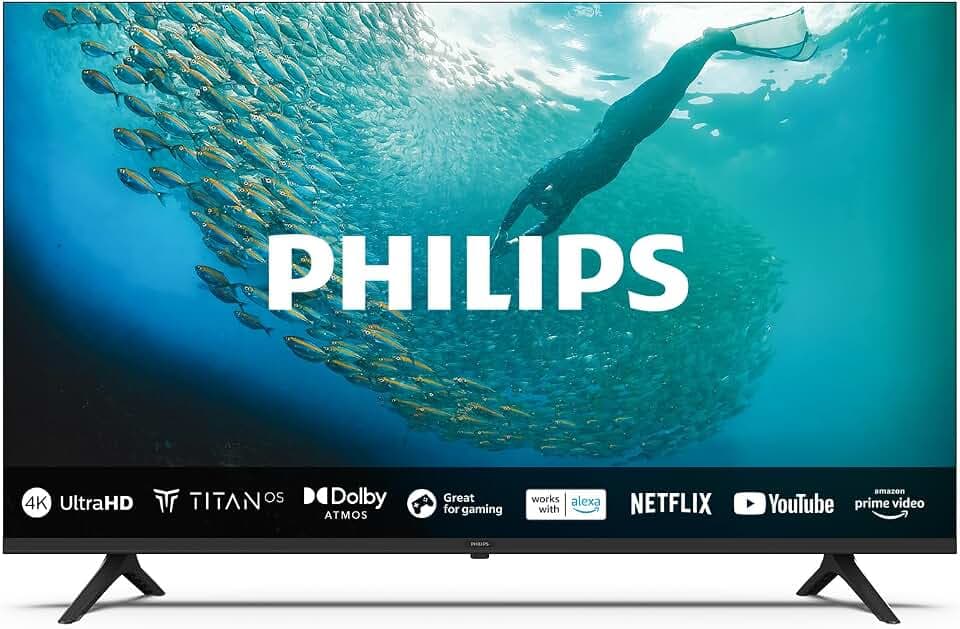 PHILIPS 65PUS7009 4K LED Smart TV - 65-Zoll Display mit Pixel-präziser Ultra HD Titan OS Plattform und Dolby Atmos-Klang. Funktioniert mit Alexa und Google Sprachassistent – Schwarz