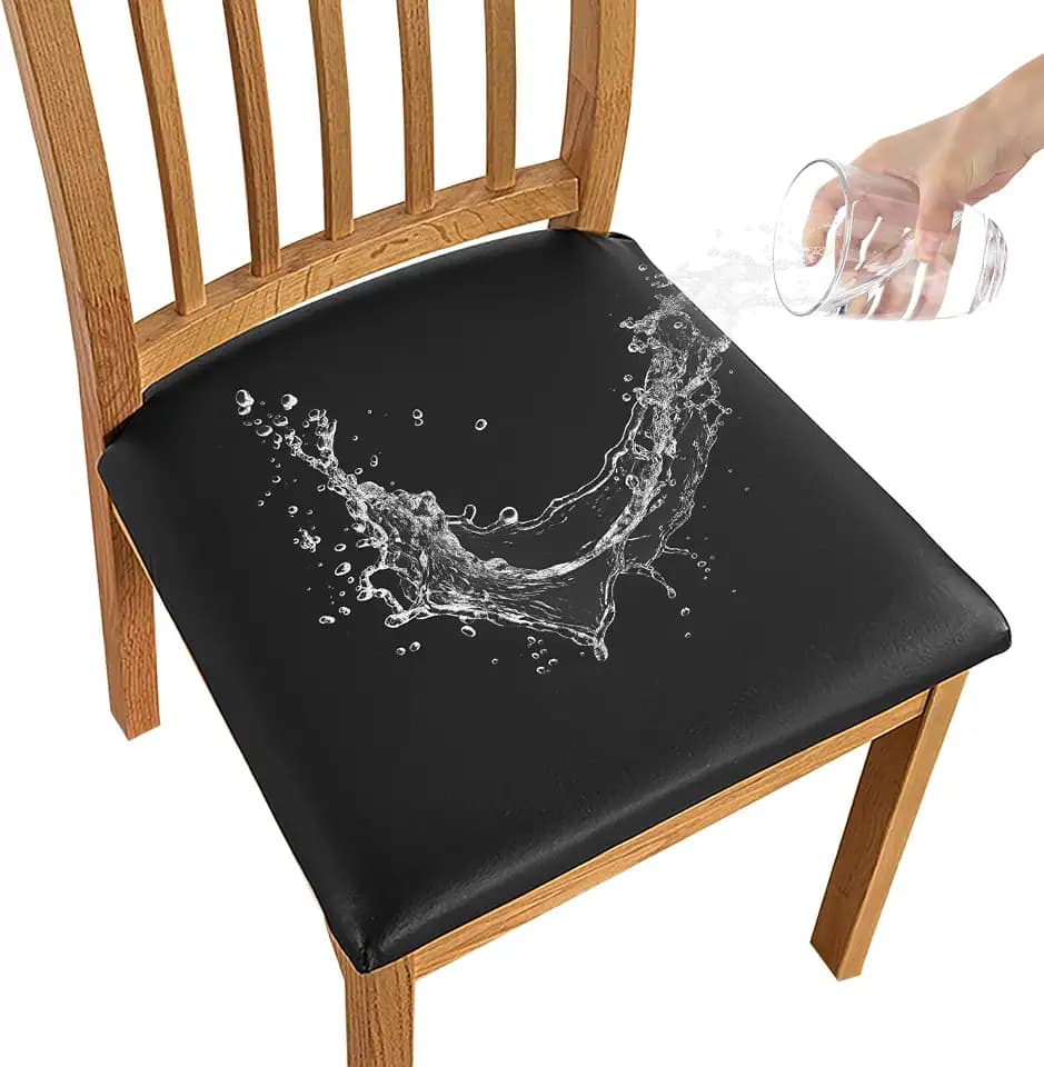 Dioxide Seat Covers Waterproof PU Leather Chair Covers Set of 6 for Dining Chairs,Stretch Fit Removable Chair Seat Protector Slipcovers with Elastic Band for Kitchen, Hotel (Black)