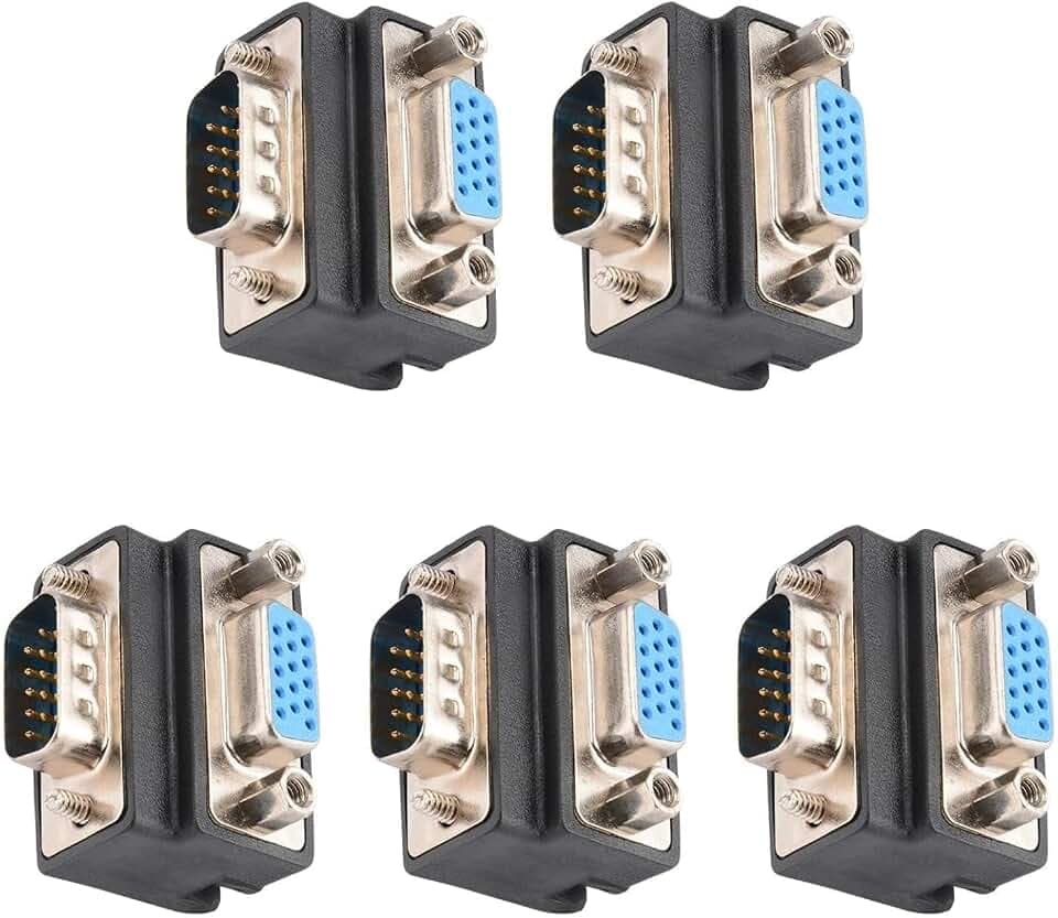 J&D DB15 90 Degree VGA 15 Pin Adapter (5 Pack), D sub 15 Nickel Coated Connector Right Angle Male to Female VGA 15 Pin Adapter Coupler Converter