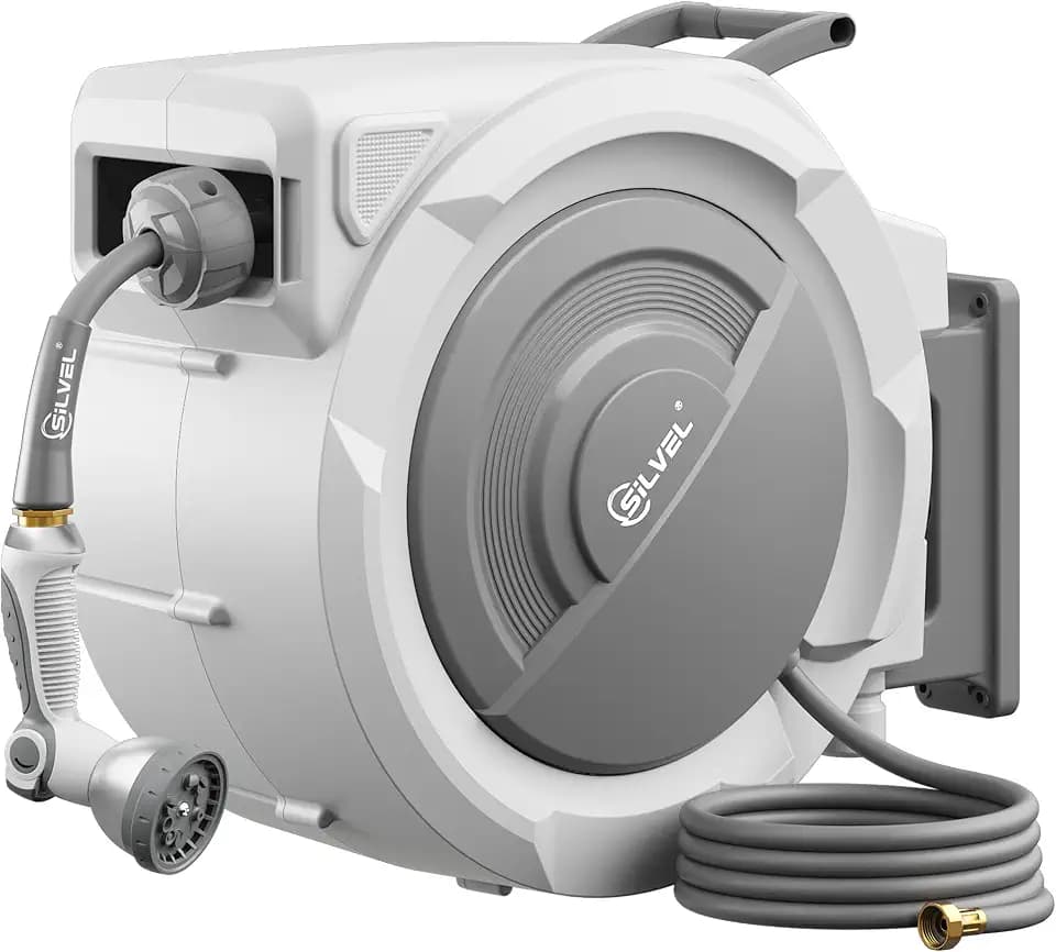 Retractable Garden Hose Reel, 5/8 in x 110FT Heavy Duty Auto Hose Reel Wall Mounted, Upgraded UV Resistant with 10 Pattern Nozzle, Any Length Lock & Slow Return System, 180°Swivel Bracket, Light Grey