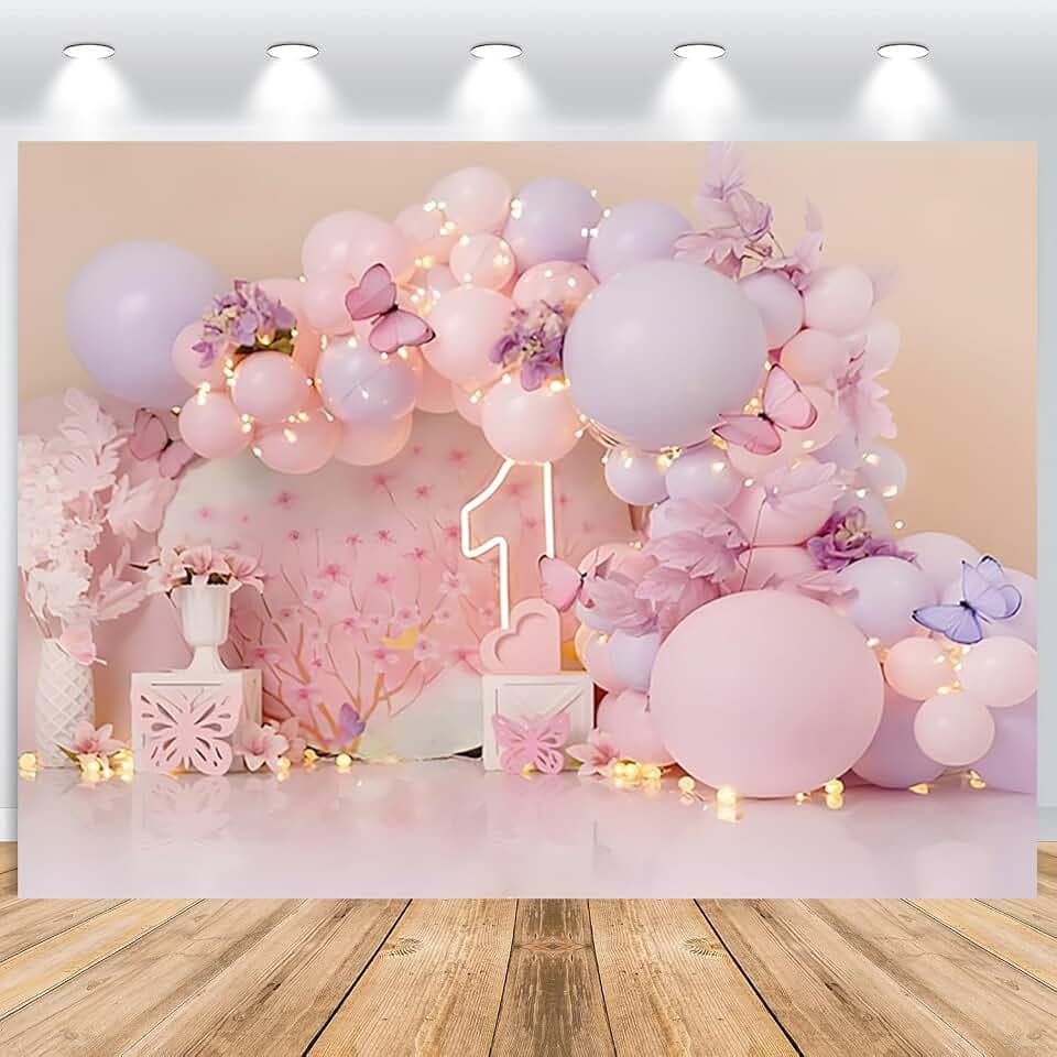 Erster Geburtstag Fotohintergrund Mädchen 2.2x1.5m, Rosa Lila Ballon Schmetterling Mädchen 1. Geburtstag Fotowand Hintergrund Süße Prinzessin Party Kuchen Tischdekoration Banner