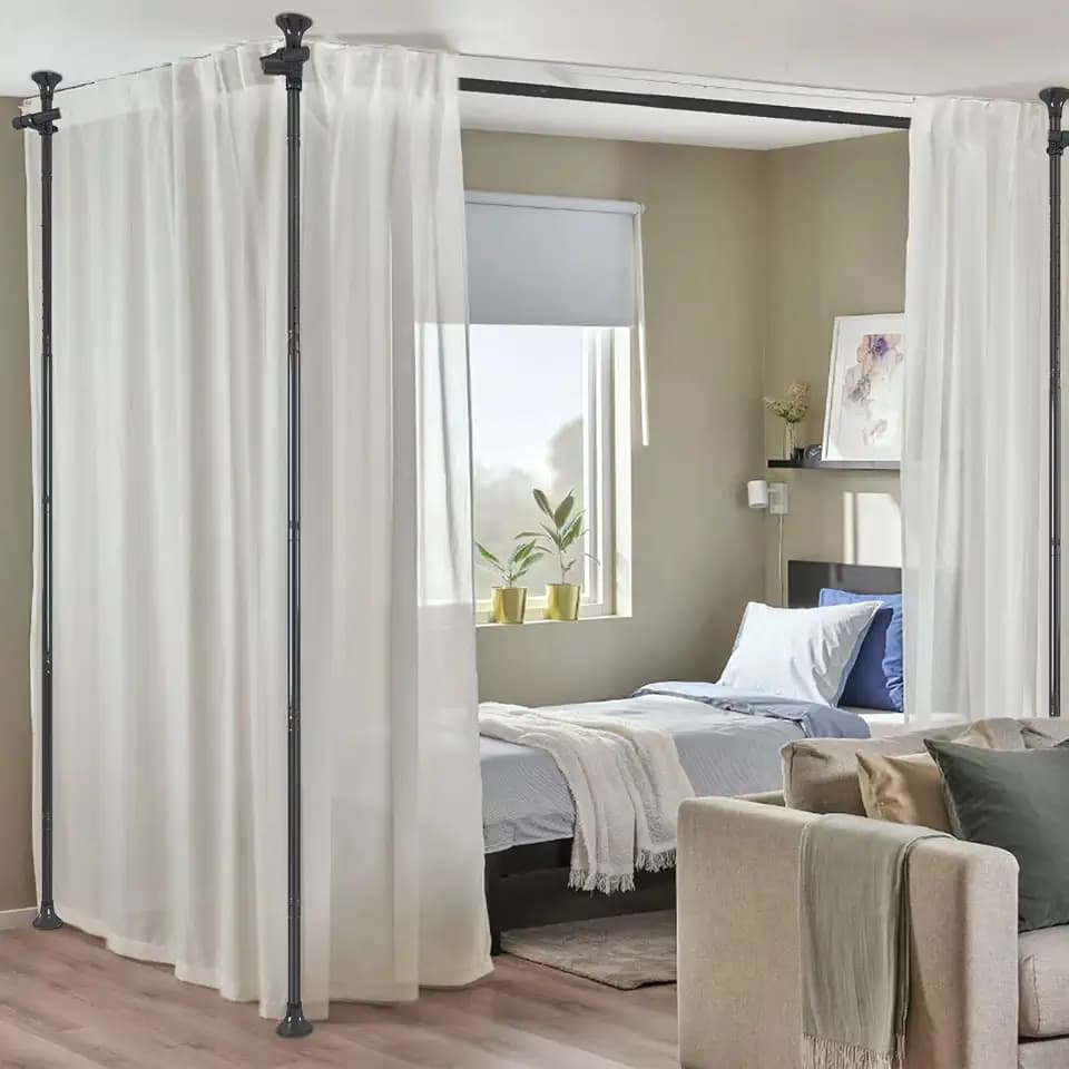 Raumteiler, ohne Bohren, Vorhangstangen, hängende Wandteiler für Raumtrennung, 304,8 cm hoch, 289,6 cm breit, verstellbare Trennwand von Boden bis Decke, Raumteiler, robuste Eckraumteiler,