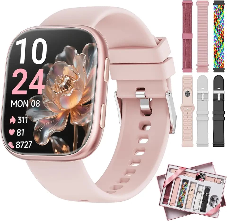 Mingtawn Smartwatch Herren mit 7 Armbänder & Geschenkbox, 1.83" HD Smartwatch mit Bluetooth-Anruf, Fitness Tracker mit Pulsmesser Schlafmonitor Schrittzähler, IP68 Wasserdicht, 100+Sportmodi Rosa-B