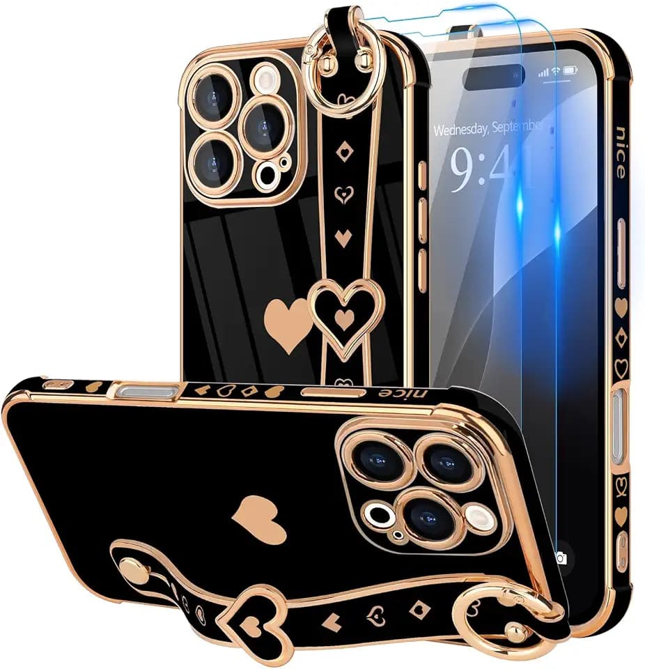 LLZ.COQUE for iPhone 16 Pro Case with Strap Stand, Black