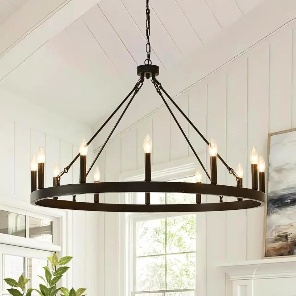 40" Farmhouse Chandelier 12 Light Large Black Wagon Wheel Chandelier