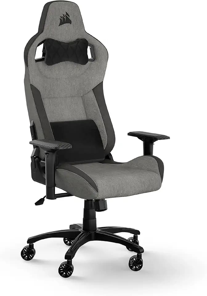 Corsair T3 Rush Gaming-Stuhl mit Stoffbezug (2023), Vom Rennsport inspiriertes Design, Gepolstertes Nackenkissen, Lendenstütze aus Memory-Schaumstoff, Schwarz und Holzkohle