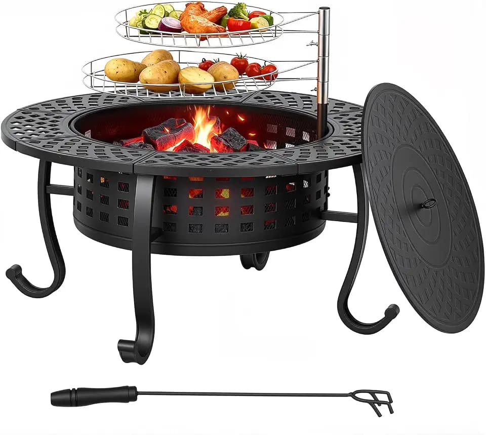 FDW 36 Inch Fire Pit with 2 Adjustable Grills,Wood Burning Fire Pits for Outside with Lid & Fire Poker, BBQ& Outdoor Firepit & Round Metal Table 3 in 1 for Patio, Picnic, Party