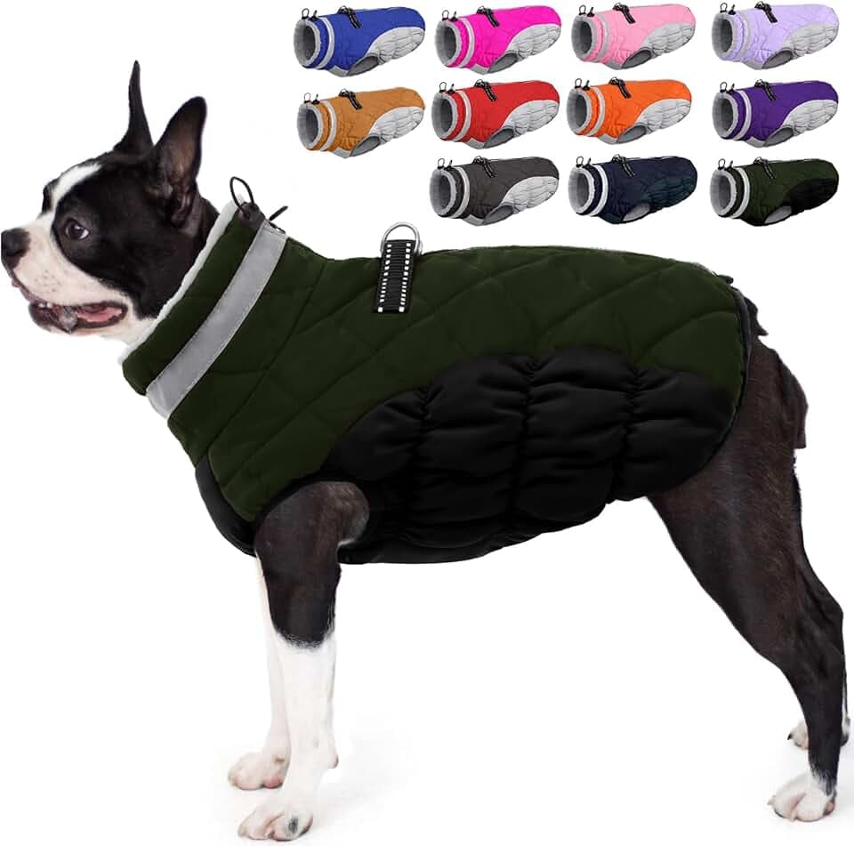 AOFITEE Hundejacke Kleine Hunde, Wasserdicht Hunde Wintermantel Warm Hundemantel mit Geschirr, Rollkragen Hunde Winterjacke Fleece Reflektierende Hundejacke Outdoor Hundebekleidung,S Dunkelgrün