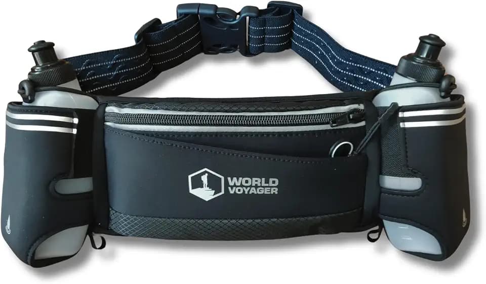 Hydrabelt Ultra Hydration Belt for Runners, 2 Pockets, 10oz BPA Free Water Bottles, No Bounce, Waterproof, Black, One Size, Hydration belt with 2 pockets and 2 water bottles