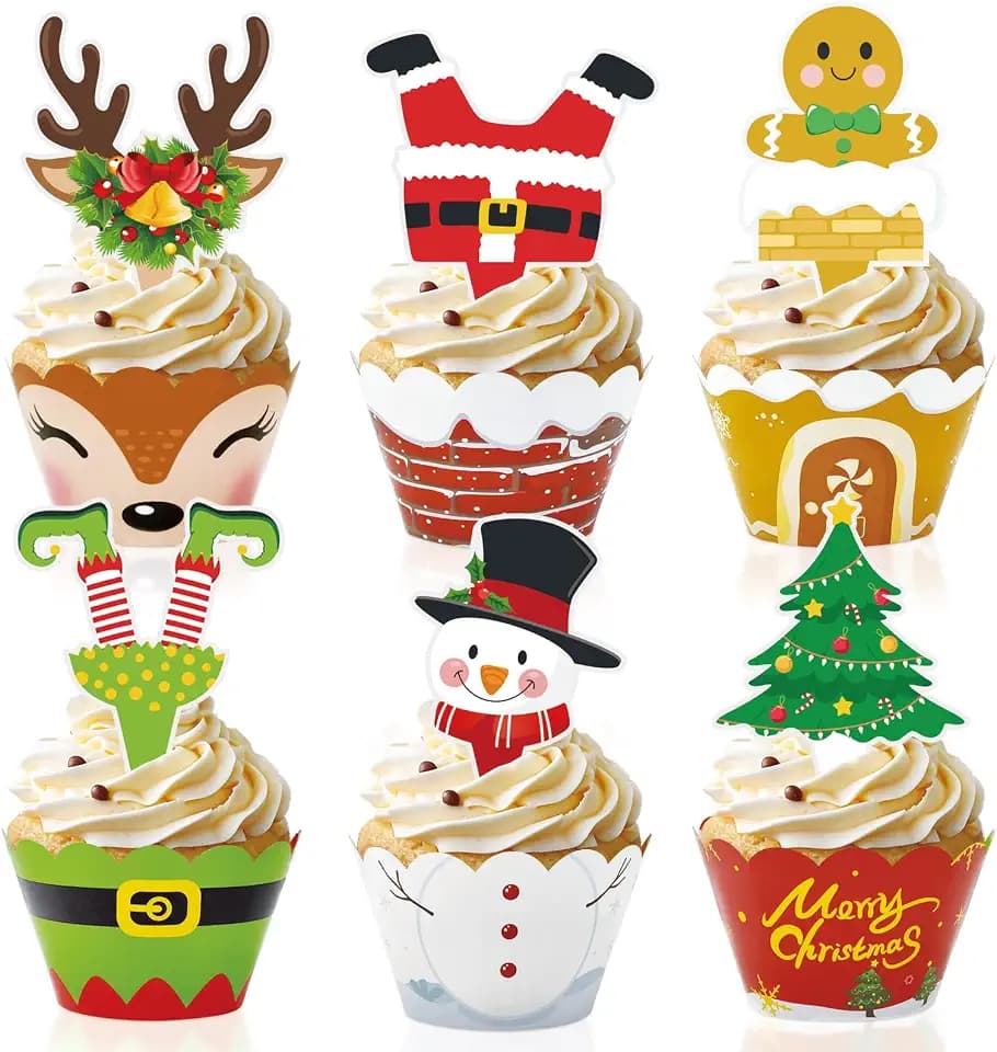 72Pcs Christmas Cupcake Toppers and Wrappers Double-sided Christmas Cupcake Decoration Gingerbread Santa Claus Snowman Reindeer Elf Cupcake Decorations for Winter Birthday Party Favors