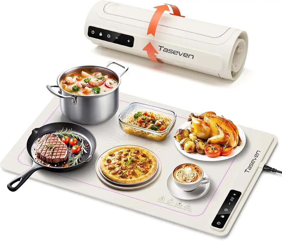 Food Warming Mat,7 Temp,4H Timer,Thermochromic Line,Kids Lock,White