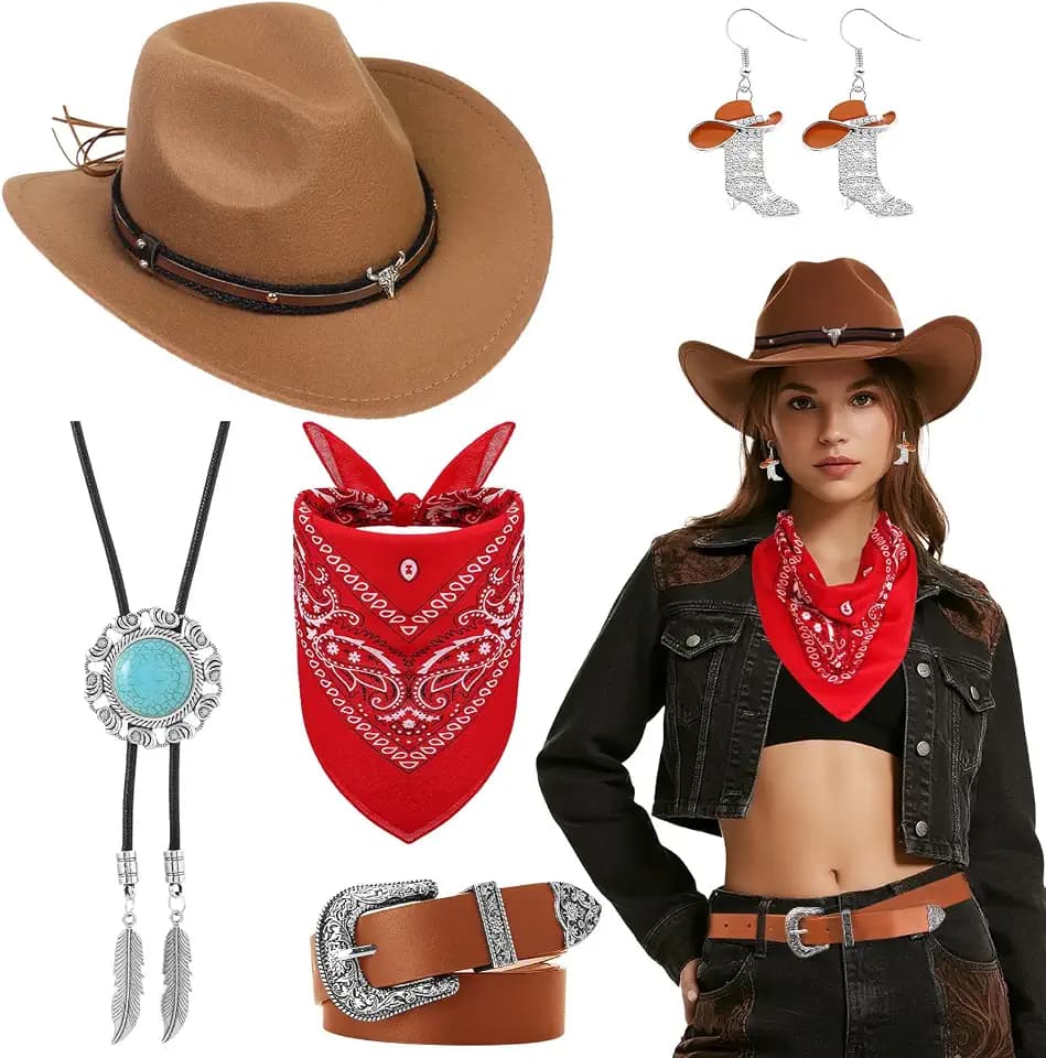 5-teiliges Western-Cowboyhut-Set für Damen, Cowgirl-Kostüm-Zubehör-Set mit Hut, Halskette, Ohrringen, Gürtel, Bandana für Maskerade, Halloween-Partys