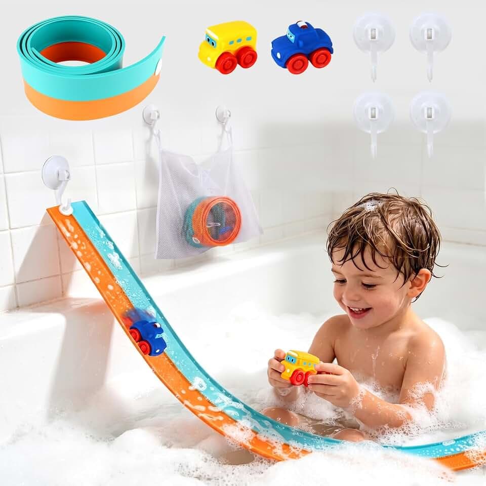 Race Car Bath Toy Set, 8-Piece Long Flexible Dual-Color Bathtub Track Set with 2 Mini Cars, Mesh Storage Bag, 4 Strong Suction Cups– DIY Bathtub Water Slide Toys for Kids