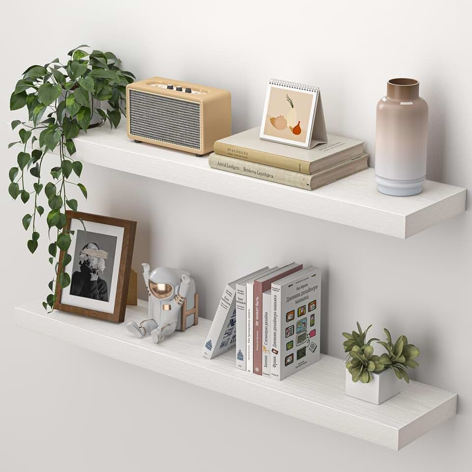 Heimlove Floating Shelves for Wall 32 Inch,Mounted Storage Wood Shelves with Invisible Brackets Hanging Shelf for Bedroom Living Room Kitchen Office,Set of 2,White