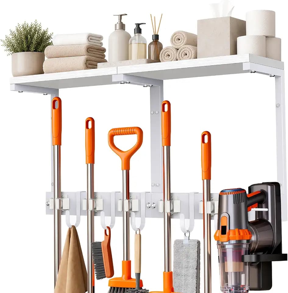 Large Broom Holder Wall Mount with Shelf, Vacuum Organizer, 5 Slots 5 Hooks