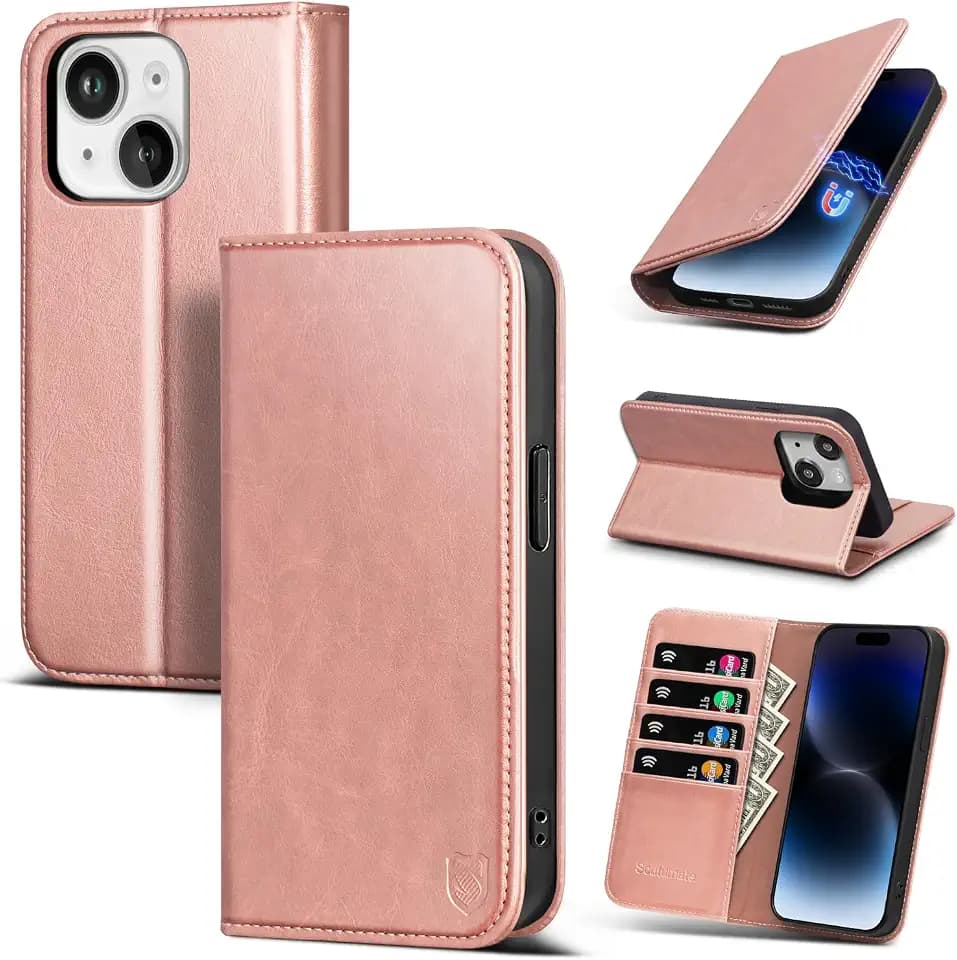 for iPhone 14 Wallet Case with Card Holder,Rose Gold